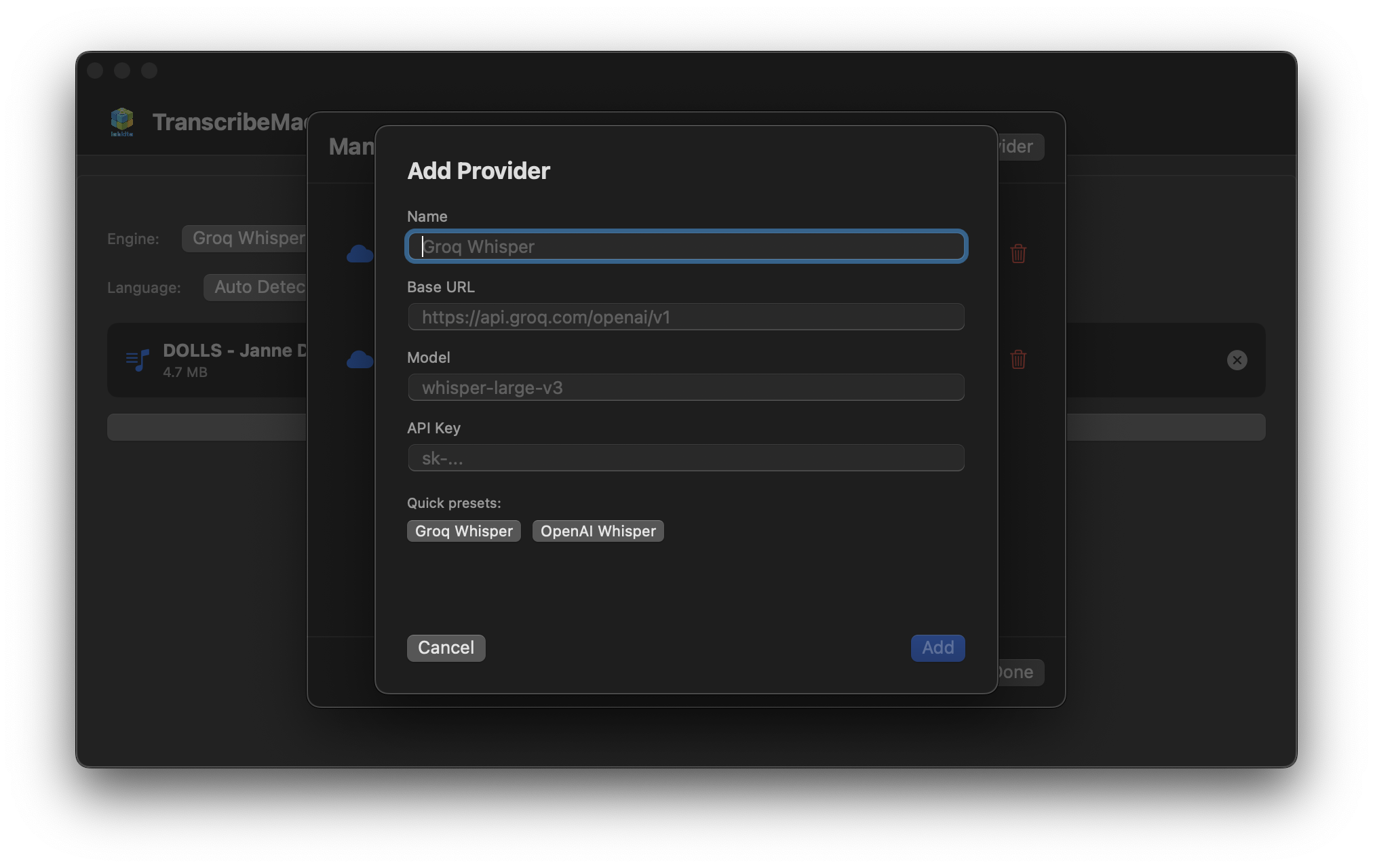 Transcribe - Add Provider